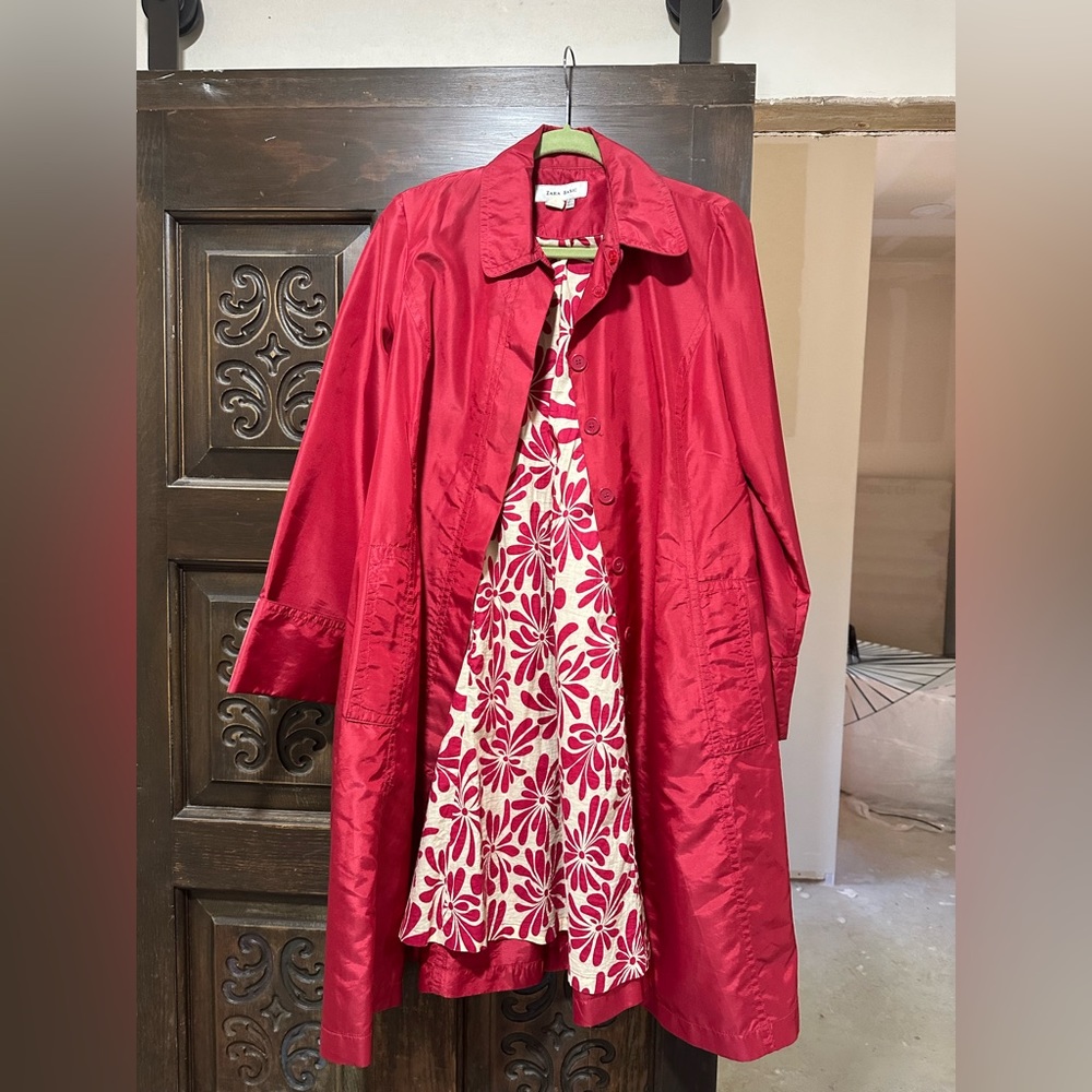 Zara bright red (raspberry) belted raincoat. Size L